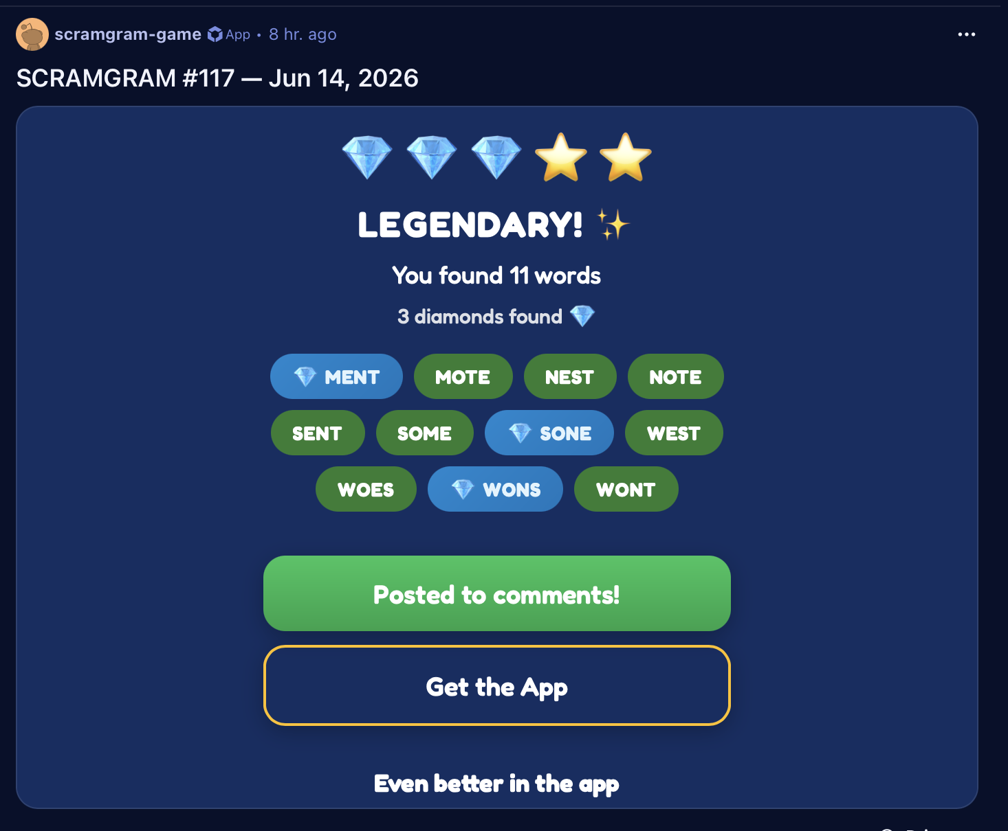 Scramgram on Reddit — daily puzzle with gems, stars, and score sharing